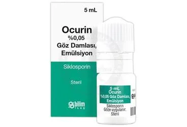 OCURIN % 0,05 GOZDAMLASI, EMULSIYON (5 ML) ambalajı. Siklosporin -oftalmik içeren göz damlası. Üretici: BİLİM İLAÇ SANAYİİ VE TİCARET A.Ş.