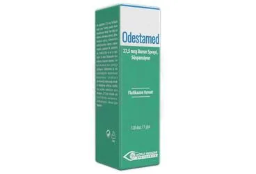 ODESTAMED 27,5 MCG BURUN SPREYI, SUSPANSIYON (120 DOZ) kutusu. Flutikazon -nazal içeren nazal sprey. Üretici: WORLD MEDICINE OPHTHALMICS İLAÇLARI LİMİTED ŞİRKETİ.