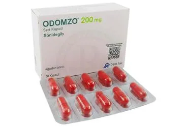 ODOMZO 200 MG SERT KAPSUL (30 KAPSUL) ambalajı. Sonidegib içeren kapsül. Üretici: DEM İLAÇ SAN. VE TİC. A.Ş.