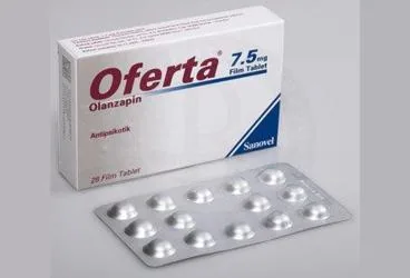 OFERTA 7,5 MG 28 FİLM TABLET kutusu. Olanzapin içeren film kaplı tablet. Üretici: SANOVEL İLAÇ SANAYİ VE TİCARET ANONİM ŞİRKETİ.