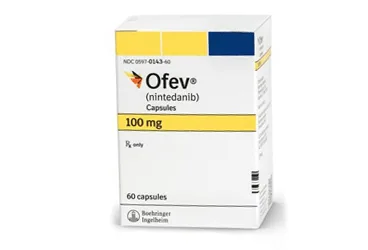 Nintedanib içeren yumuşak kapsül: OFEV 100 MG 60 YUMUSAK KAPSUL ürün ambalajı. Üretici: BOEHRİNGER INGELHEİM İLAÇ TİCARET A.Ş.