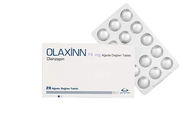 OLAXINN 15 MG AGIZDA DAGILAN 28 TABLET kutusu. Olanzapin içeren tablet. Üretici: GENVEON İLAÇ SANAYİ VE TİCARET ANONİM ŞİRKETİ.