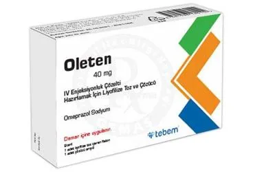 OLETEN 40 MG IV ENJEKSIYONLUK COZELTI HAZIRLAMAK ICIN LIYOFILIZE TOZ VE COZUCU (1 FLAKON) kutusu. Omeprazol içeren çözelti. Üretici: TEBEM İLAÇ SANAYİ TURİZM VE TİCARET ANONİM ŞİRKETİ.