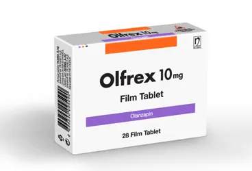 OLFREX 10 MG 28 TABLET (olanzapin) ürün ambalajı, tablet. Üretici: NOBEL İLAÇ SAN. VE TİC. A.Ş.