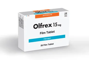 OLFREX 15 MG 28 TABLET kutu fotoğrafı, tablet formunda olanzapin içerir. Üretici: NOBEL İLAÇ SAN. VE TİC. A.Ş.