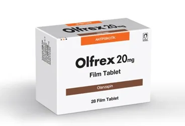 OLFREX 20 MG 28 TABLET kutu fotoğrafı. Olanzapin içeren tablet. Üretici: NOBEL İLAÇ SAN. VE TİC. A.Ş.