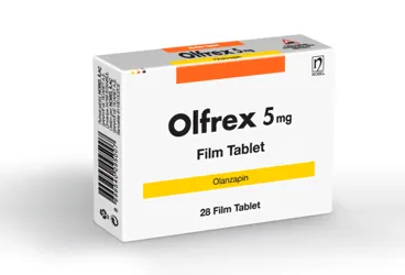 Olanzapin içeren tablet: OLFREX 5 MG 28 TABLET ambalajı. Üretici: NOBEL İLAÇ SAN. VE TİC. A.Ş.