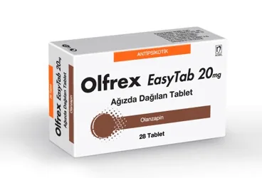 OLFREX EASY TAB 20 MG 28 AGIZDA DAGILAN TABLET kutusu. Olanzapin içeren tablet. Üretici: NOBEL İLAÇ SAN. VE TİC. A.Ş.