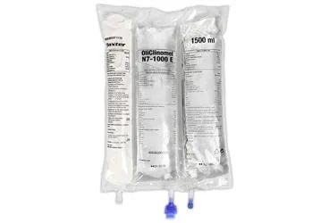 OLICLINOMEL N7-1000E INFUZYONLUK ELEKTROLITLI AMINOASIT COZELTISI, GLUKOZ COZELTISI, LIPID EMULSIYONU 1500 ML (amino asit + glukoz + zeytinyagi bazli lipid solusyonu) kutu fotoğrafı, çözelti. Üretici: BAXTER TURKEY RENAL HİZMETLER ANONİM ŞİRKETİ.