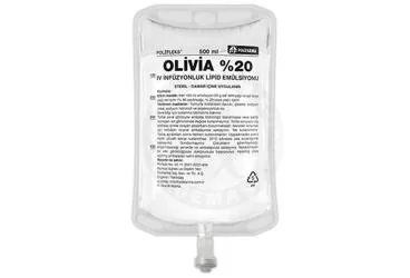 OLIVIA %20 IV INFUZYONLUK LIPID EMULSIYONU ürün ambalajı. Etkin maddesi lipid emulsiyonu. Üretici: POLİFARMA İLAÇ SAN. VE TİC. A.Ş.