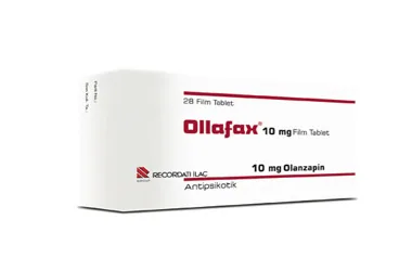 Olanzapin içeren film kaplı tablet: OLLAFAX 10 MG 28 FİLM TABLET ambalajı. Üretici: RECORDATİ İLAÇ SANAYİ VE TİCARET ANONİM ŞİRKETİ.