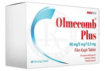 OLMECOMB PLUS 40 MG /5 MG /12,5 MG FILM KAPLI TABLET (28 TABLET) ürün ambalajı, film kaplı tablet formunda olmesartan + amlodipin + hidroklorotiazid içerir. Üretici: NEUTEC İLAÇ SANAYİ TİCARET ANONİM ŞİRKETİ.