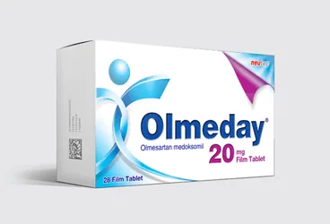Olmesartan medoksomil içeren film kaplı tablet: OLMEDAY 20 MG 28 FILM TABLET kutusu. Üretici: NEUTEC İLAÇ SANAYİ TİCARET ANONİM ŞİRKETİ.