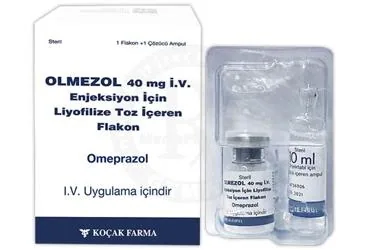 OLMEZOL 40 MG IV ENJEKSIYON ICIN LIYOFILIZE TOZ ICEREN FLAKON ambalajı, flakon formunda omeprazol içerir. Üretici: KOÇAK FARMA İLAÇ VE KİMYA SANAYİ A.Ş.