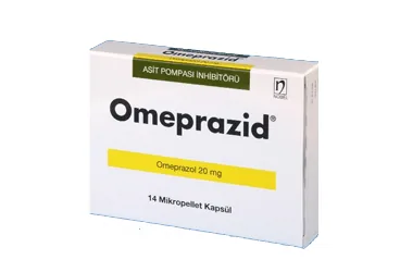 Omeprazol içeren kapsül: OMEPRAZID 20 MG 14 KAPSÜL ürün ambalajı. Üretici: NOBEL İLAÇ SAN. VE TİC. A.Ş.