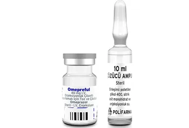 OMEPREFUL 40 MG IV ENJEKSIYONLUK COZELTI HAZIRLAMAK ICIN TOZ VE COZUCU ürün ambalajı, çözelti formunda omeprazol içerir. Üretici: POLİFARMA İLAÇ SAN. VE TİC. A.Ş.