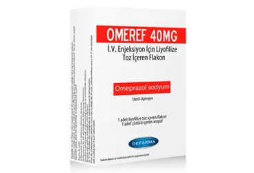 OMEREF 40 MG IV ENJEKSIYON ICIN LIYOFILIZE TOZ ICEREN FLAKON (omeprazol) ambalajı, flakon. Üretici: VEM İLAÇ SAN. VE TİC. ANONİM ŞİRKETİ.