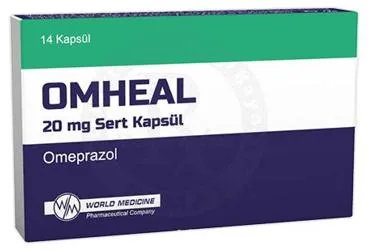 OMHEAL 20 MG SERT KAPSUL (14 ADET) kutu fotoğrafı. Omeprazol içeren kapsül. Üretici: WORLD MEDICINE İLAÇ SAN. VE TİC. A.Ş.
