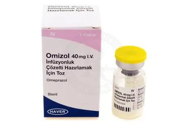 OMIZOL 40 MG I.V. INFUZYONLUK COZELTI HAZIRLAMAK ICIN TOZ (1 ADET) ambalajı. Omeprazol içeren çözelti. Üretici: HAVER TRAKYA İLAÇ SANAYİ VE TİCARET ANONİM ŞİRKETİ.