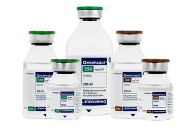 OMNIPAQUE 300 MG/100 ML 1 FLAKON ürün ambalajı. Ioheksol içeren flakon. Üretici: OPAKİM TIBBİ ÜRÜNLER SANAYİ VE TİCARET A.Ş.