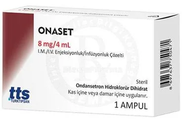 Ondansetron hcl içeren çözelti: ONASET 8 MG/4 ML I.M./I.V.ENJEKSIYONLUK/INFUZYONLUK COZELTI (1 AMPUL) kutusu. Üretici: TURKTIPSAN SAĞLIK TURİZM EĞİTİM VE TİCARET A.Ş.