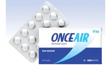 Montelukast sodyum içeren film kaplı tablet: ONCEAIR 10 MG 28 FILM KAPLI TABLET kutusu. Üretici: ABDİ İBRAHİM İLAÇ SANAYİ VE TİCARET A.Ş.
