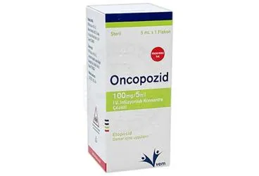 Etoposid içeren çözelti: ONCOPOZID 100 MG/5 ML I.V. INFUZYONLUK KONSANTRE COZELTI ürün ambalajı. Üretici: VEM İLAÇ SAN. VE TİC. ANONİM ŞİRKETİ.