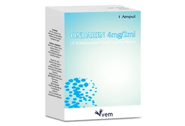 ONDAREN 4 MG/2ML IV ENJEKSIYONLUK COZELTI ICEREN AMPUL ürün ambalajı. Ondansetron hcl içeren çözelti. Üretici: VEM İLAÇ SAN. VE TİC. ANONİM ŞİRKETİ.