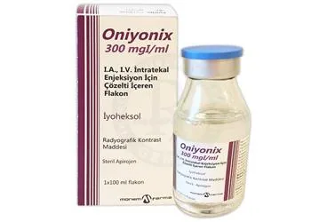 Ioheksol içeren flakon: ONIYONIX 300MGI / ML IA,IV ENJ. ICIN COZ. ICEREN FLAKON (100 ML) ürün ambalajı. Üretici: MONEMFARMA İLAÇ SAN. VE TİC. A.Ş.