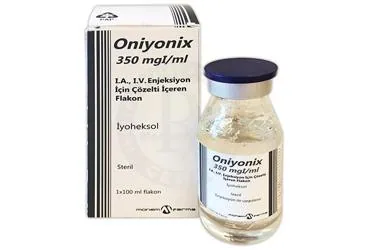 ONIYONIX 350MGI / ML IA,IV ENJ. ICIN COZ. ICEREN FLAKON (100 ML) ambalajı. Ioheksol içeren flakon. Üretici: MONEMFARMA İLAÇ SAN. VE TİC. A.Ş.