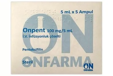 Pentoksifilin içeren ONPENT 100 MG/5 ML IV INFUZYONLUK COZELT ürün ambalajı. Üretici: ONFARMA İLAÇ SANAYİ LİMİTED ŞİRKETİ.