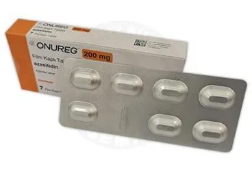 Azasitidine içeren film kaplı tablet: ONUREG 200 MG FILM KAPLI TABLET (7 ADET) ürün ambalajı. Üretici: BRISTOL-MYERS SQUIBB İLAÇLARI INC. İSTANBUL ŞUBESİ.