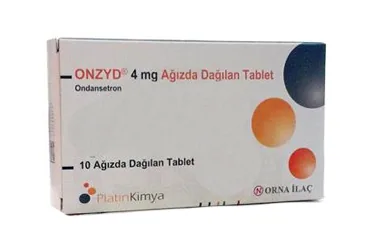 Ondansetron hcl içeren tablet: ONZYD 4 MG AĞIZDA DAĞILAN 10 TABLET ambalajı. Üretici: PLATİN KİMYA MÜMESSİLLİK VE DIŞ TİCARET ANONİM ŞİRKETİ.