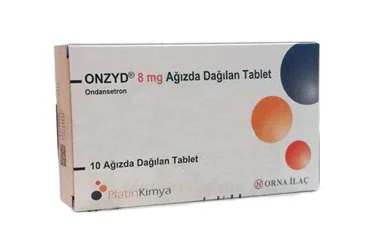 ONZYD 8 MG AĞIZDA DAĞILAN 10 TABLET ambalajı. Ondansetron hcl içeren tablet. Üretici: PLATİN KİMYA MÜMESSİLLİK VE DIŞ TİCARET ANONİM ŞİRKETİ.