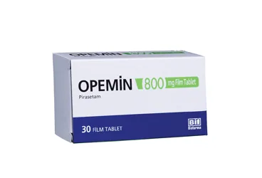 OPEMIN 800 MG 30 FILM TABLET (pirasetam) ürün ambalajı, film kaplı tablet. Üretici: BİOFARMA İLAÇ SANAYİ VE TİCARET A.Ş.