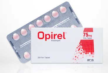 OPIREL 75 MG 28 FİLM TABLET ürün ambalajı. Klopidogrel içeren film kaplı tablet. Üretici: ALİ RAİF İLAÇ SANAYİ A.Ş.