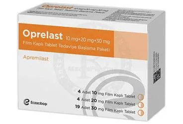 OPRELAST 10 MG+20 MG+30 MG FILM KAPLI TABLET TEDAVIYE BASLAMA PAKETI (4+4+19) (apremilast) kutusu, film kaplı tablet. Üretici: EİP ECZACIBAŞI İLAÇ PAZARLAMA A.Ş.