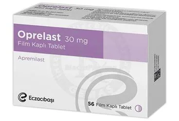Apremilast içeren film kaplı tablet: OPRELAST 30 MG FILM KAPLI TABLET (56 TABLET) kutusu. Üretici: EİP ECZACIBAŞI İLAÇ PAZARLAMA A.Ş.