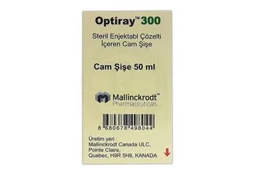 OPTIRAY 300 MG/ML ENJEKSIYONLUK COZELTI ICEREN CAM SISE 50 ML 1SISE kutu fotoğrafı. Ioversol içeren çözelti. Üretici: GUERBET İLAÇ TIBBİ MALZEME VE CİHAZLAR SANAYİ VE TİCARET ANONİM ŞİRKETİ.