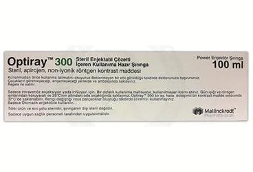 OPTIRAY 300 MG/ML ENJEKSIYONLUK COZELTI ICEREN KULLANIMA HAZIRENJEKTOR 100 ML 1 ENJEKTOR ürün ambalajı, çözelti formunda ioversol içerir. Üretici: GUERBET İLAÇ TIBBİ MALZEME VE CİHAZLAR SANAYİ VE TİCARET ANONİM ŞİRKETİ.