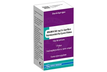 ORADRO 500 MG IV LIYOFILIZE ENJ. TOZ ICEREN 1 FLAKON (klaritromisin) ambalajı, flakon. Üretici: WORLD MEDICINE İLAÇ SAN. VE TİC. A.Ş.