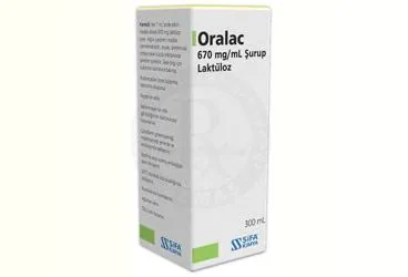ORALAC 670 MG/ML SURUP(300 ML SISE) ürün ambalajı. Laktuloz içeren şurup. Üretici: ŞİFA KİMYA İLAÇ SANAYİ VE TİCARET ANONİM ŞİRKETİ.