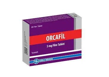 ORCAFIL 5 MG FILM KAPLI TABLET (28TABLET) ürün ambalajı. Tadalafil içeren film kaplı tablet. Üretici: WORLD MEDICINE İLAÇ SAN. VE TİC. A.Ş.