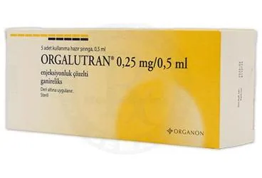 Ganirelix içeren ORGALUTRAN 0,25MG/0,5 ML ENJ.COZ. 5 SIRINGA ürün ambalajı. Üretici: ORGANON TURKEY İLAÇLARI LİMİTED ŞİRKETİ.
