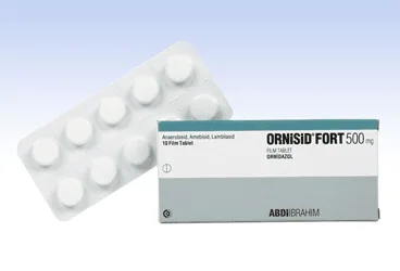 ORNISID FORT 500 MG 10 FILM KAPLI TABLET kutusu. Ornidazol içeren film kaplı tablet. Üretici: ABDİ İBRAHİM İLAÇ SANAYİ VE TİCARET A.Ş.