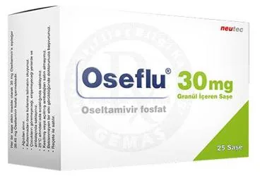 OSEFLU 30 MG GRANUL ICEREN SASE (25 SASE) kutusu. Oseltamivir fosfat içeren saşe. Üretici: NEUTEC İLAÇ SANAYİ TİCARET ANONİM ŞİRKETİ.