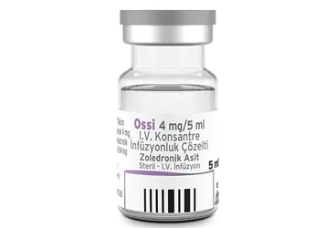 OSSI 4 MG/5 ML IV KONSANTRE INFUZYONLUK COZELTI (1 FLAKON) kutu fotoğrafı. Zoledronik asit monohidrat içeren çözelti. Üretici: POLİFARMA İLAÇ SAN. VE TİC. A.Ş.