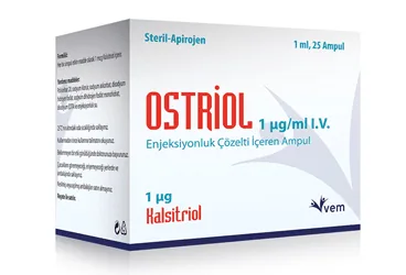 OSTRIOL 1 MCG/ML IV 1 MLX 25 AMPUL/KUTU ambalajı, ampul formunda vitamin d3 içerir. Üretici: VEM İLAÇ SAN. VE TİC. ANONİM ŞİRKETİ.