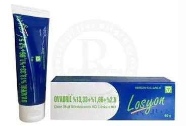 Difenhidramin -topikal içeren OVADRIL %13,33 + %1,66 + %2,5 LOSYON (40 G) kutusu. Üretici: TOPRAK İLAÇ VE KİMYEVİ MADDELER SANAYİ VE TİCARET A.Ş.