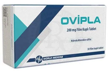 OVIPLA 200 MG FILM KAPLI TABLET (30 TABLET) ürün ambalajı, film kaplı tablet formunda hidroksiklorokin sülfat içerir. Üretici: WORLD MEDICINE İLAÇ SAN. VE TİC. A.Ş.